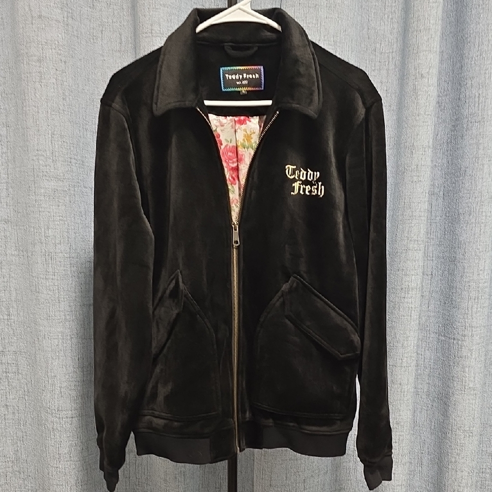 Teddy Fresh Black Velour Men's Jacket Size Medium‎ Bomber Style Hand Pockets